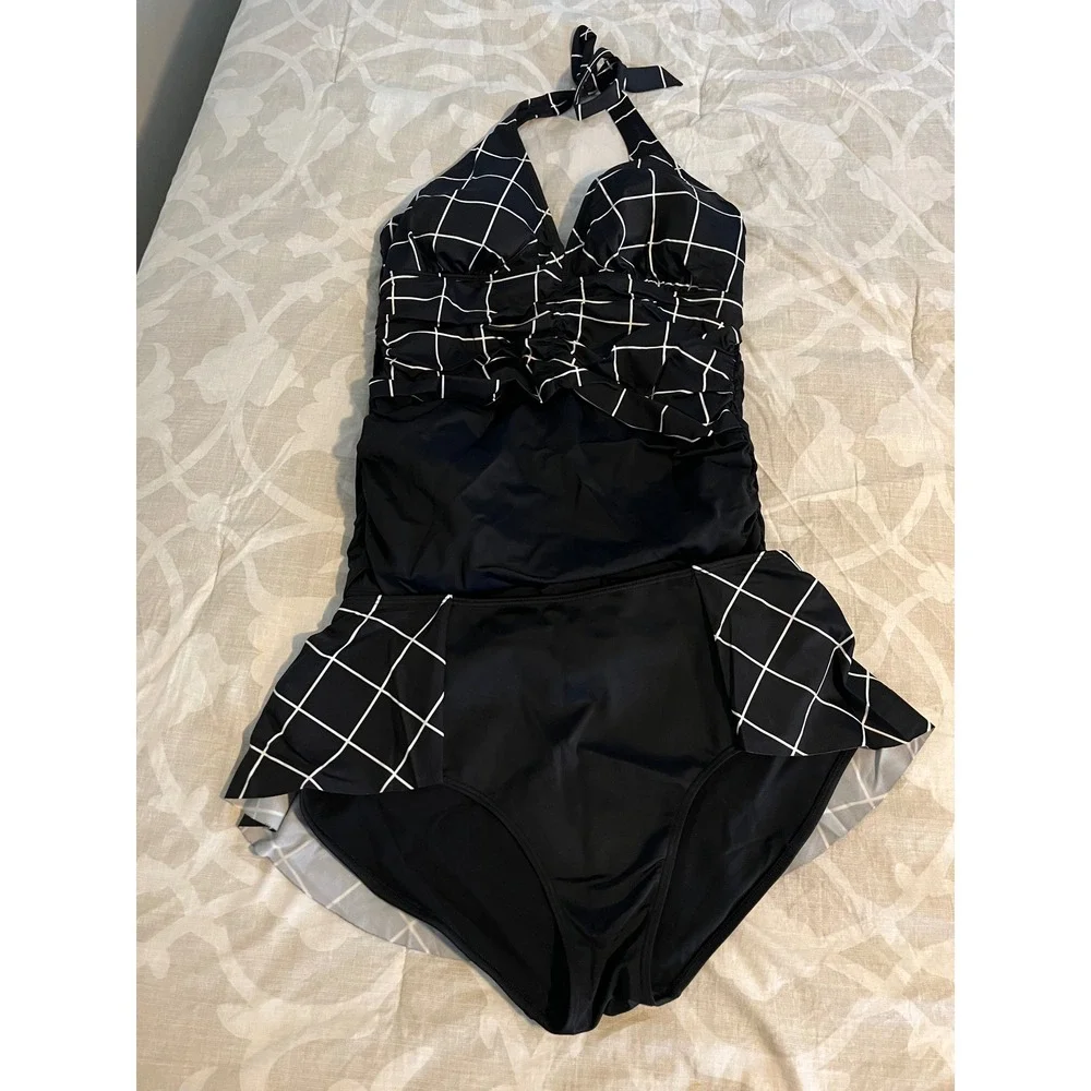 Spanx Womens Black White Grid Halter Tankini Top and Skirted Bottom Set Size 14